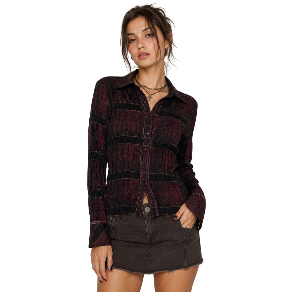 Vintage Y2K Cache Crinkle Plaid Button Down Long Sleeve Shirt Red Black Large